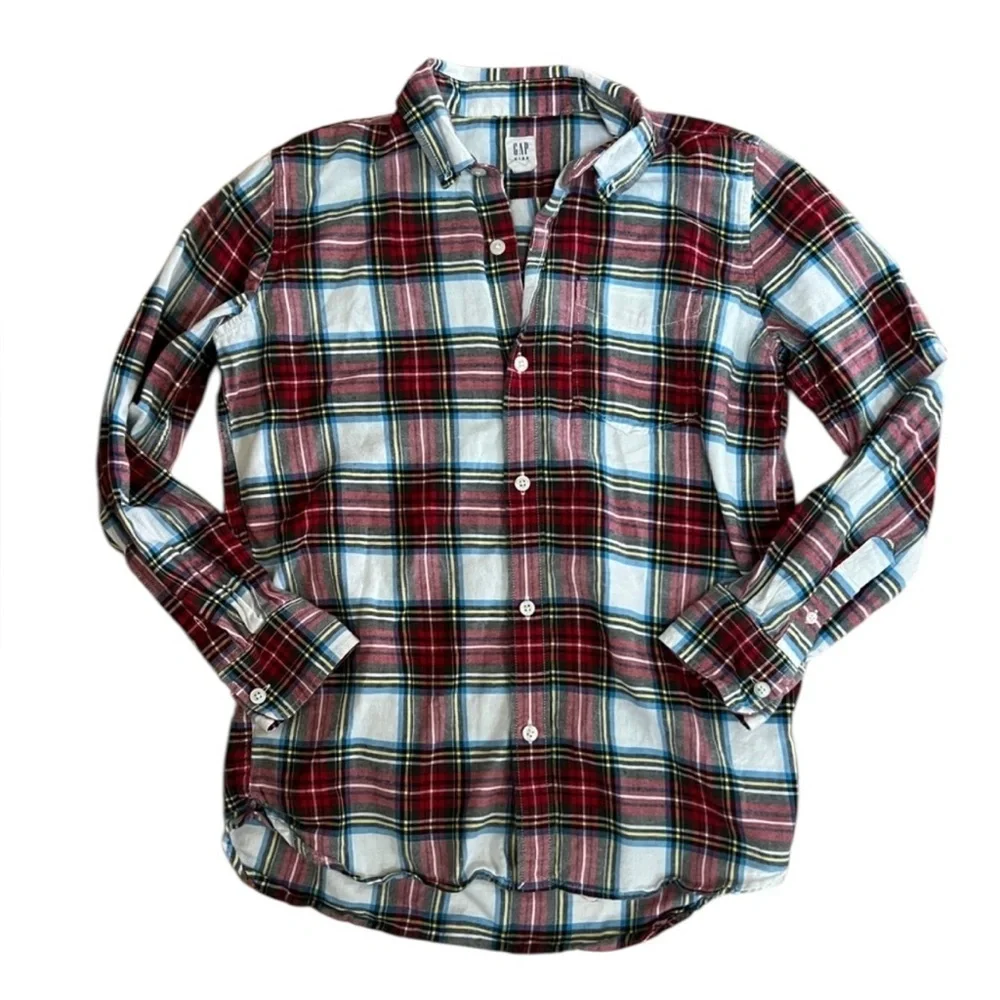 Gap Kids Boys Red‎ Cream Plaid Long Sleeve Button Down Shirt XL 12
